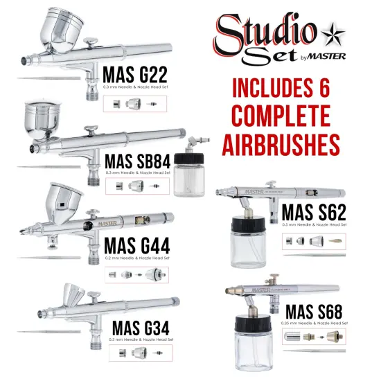 6 Master Model G22, G34 & G44 Gravity Feed, S62 & S68 Siphon Feed, S68 Side Feed Airbrushes with Air Compressor with Air Storage Tank {3}