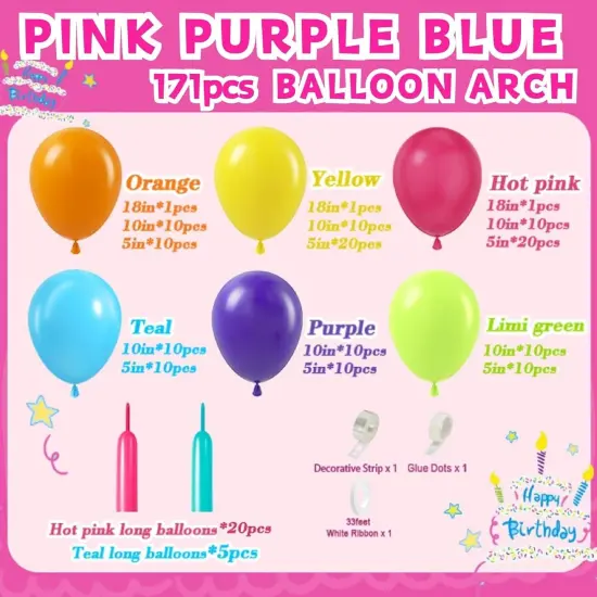 166pcs Magic Balloon Garland Arch Kit, Hot Pink Purple Green Party Decorations with Orange Yellow Pink Purple Green Teal Latex Balloons for Trol Themed Birthday Party Baby Shower Wedding Decorations {2}
