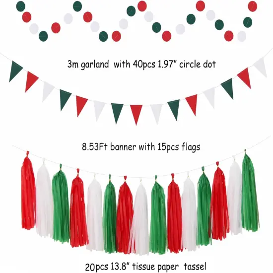 Red-Green White Christmas Party-Decorations - 33pcs Banner,Mexico Italy Streamers Tassel Garland,Tissue Pom Poms Honeycomb,Paper Lantern Fans,Mexican Italian Birthday Wedding Baby Shower Decor {5}