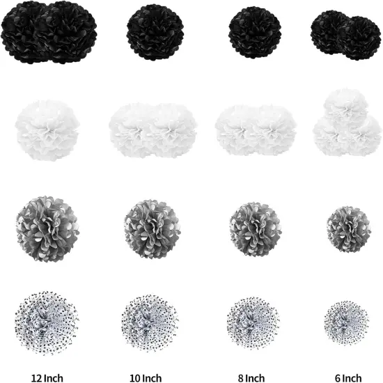 Tissue Paper Pompoms Paper Flower 22 Pcs Black,Silver, Polka Dot, White Paper Flower Ball for Birthday Bachelorette Wedding Baby Shower Bridal Shower Party Decoration {3}