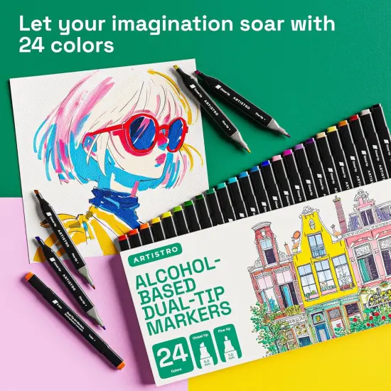24 Dual-Tip Alcohol Markers - Alcohol-Based Pens Set, Chisel + Fine Tip, Quick Dry, Fade-Resistant Ink {4}