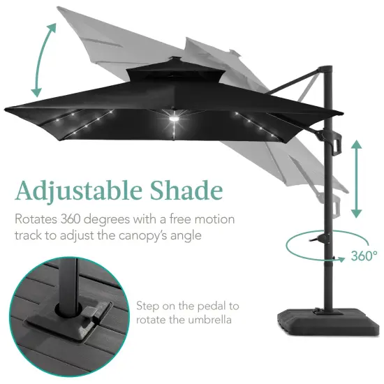 Best Choice Products 10x10ft 2-Tier Square Outdoor Solar LED Cantilever Patio Umbrella w/ Base Included Black {4}