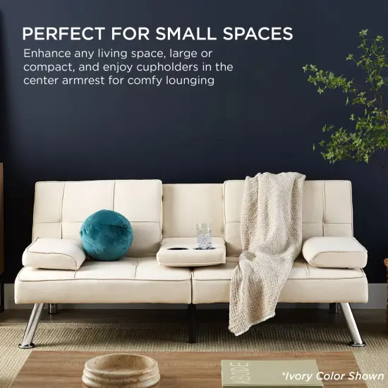 Best Choice Products Modern Linen Convertible Futon Sofa Bed w/ Removable Armrests, Metal Legs, Cupholders Light Gray {6}