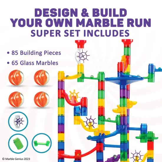 Marble Genius Marble Run Super Set - 150 Complete Pieces (85 Translucent Marbulous Pcs + 65 Glass Marbles Set), Marble Run for Kids 3-14 & Toddlers, Toy Marbles Maze Track Racing Game {3}