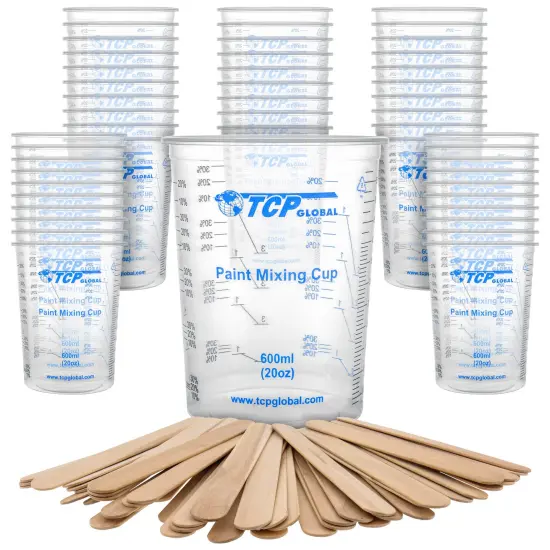 TCP Global 20 Ounce (600ml) Disposable Flexible Clear Graduated Plastic Mixing Cups - Box of 50 Cups & 50 Mixing Sticks - Use for Paint, Resin, Epoxy {1}