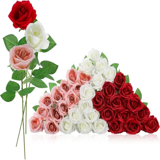 36 Pcs Red White Pink Artificial Roses Bouquet with Long Stems {3}