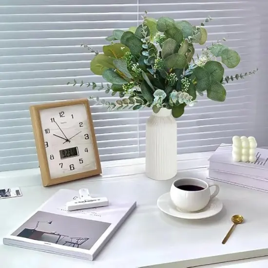 Artificial Eucalyptus Decor in White Ceramic Vase, Eucalyptus Leaves for Farmhouse Table Centerpiece, Home Office Kitchen Bathroom Decor {5}