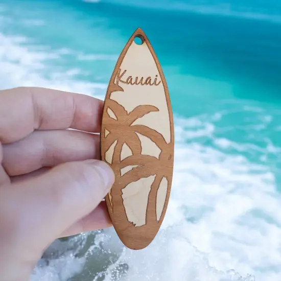 Ornament - Kauai Palm Tree Surfboard - Raw Wood Maple {6}