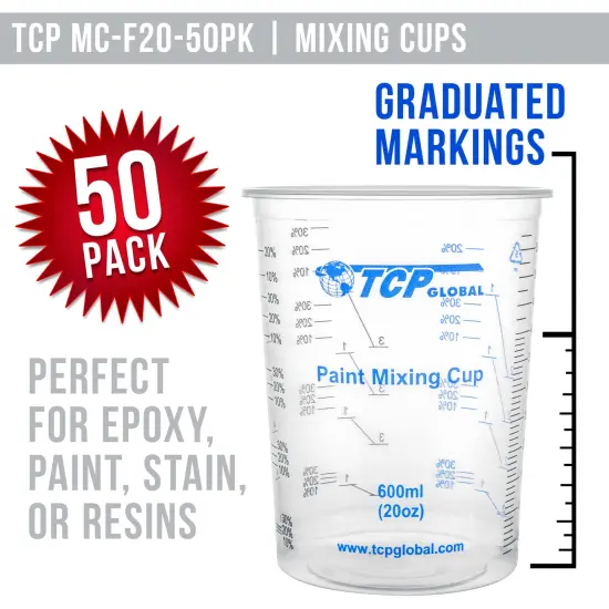 TCP Global 20 Ounce (600ml) Disposable Flexible Clear Graduated Plastic Mixing Cups - Box of 50 Cups & 50 Mixing Sticks - Use for Paint, Resin, Epoxy {2}