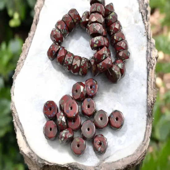 *15* 4x6mm Opaque Red Picasso Fire Polished Rondelle Heishi Beads {3}