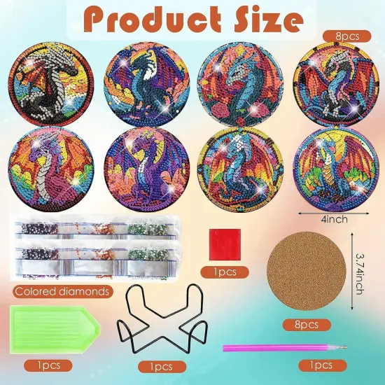 8 PCS Dragon Diamond Painting Coasters Kit (Cork Wooden Pad) {3}