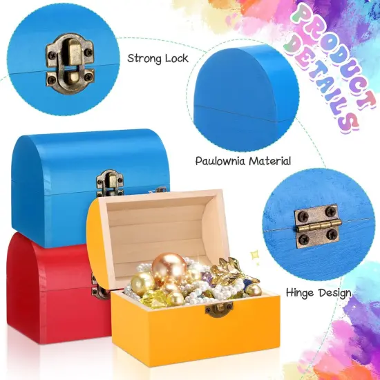 12 Pcs Unfinished Wooden Treasure Chest Boxes 4.7 x 3.5 x 3.1 Inch Mini Small DIY Treasure Chests Craft Bulk with Hinged Lid to Paint Party Gifts Prizes(Colorful) {2}