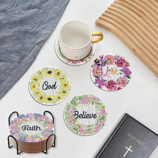 8 Pcs Flower Diamond Art Coasters with Holder DIY Bible Verse Diamond Painting Kits for Beginners Adults Craft Supplies Gift {4}