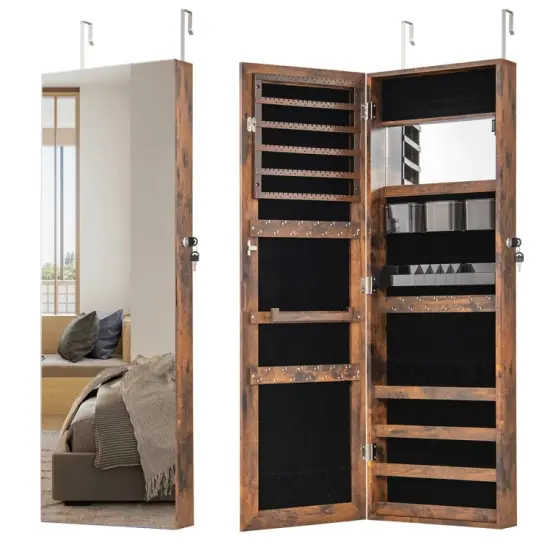 43.5 Inch Jewelry Mirror Cabinet with Full-length Mirror and Adjustable Hangers Dark Brown {8}