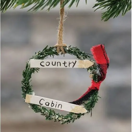Country Cabin Wreath Ornament with Buffalo Check Ribbon and Jute Cord Hanger {1}