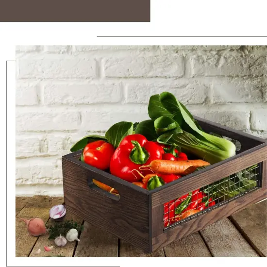 Wooden Countertop Baskets Set of 2 for Kitchen, Bathroom, Pantry|Wall Mount Upgrade with Full Accessories| Rustic Nesting Boxes|Wooden Organizer Crates for Fruit, Vegetables, Produce, Bread {4}