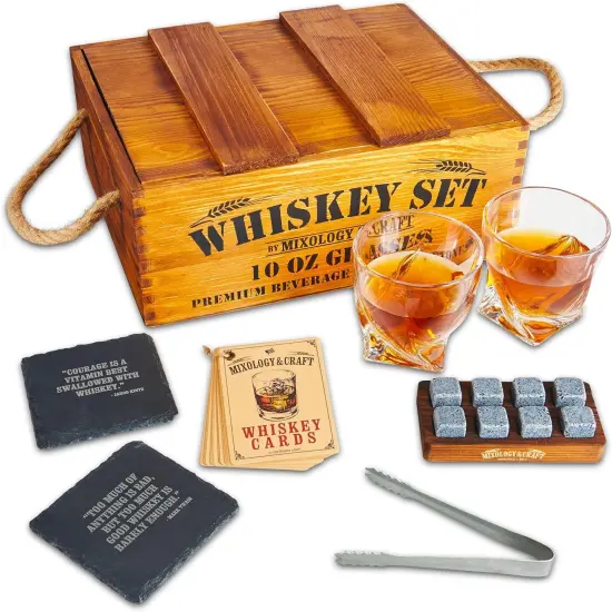 Whiskey Gift Set, Whiskey Glass Set with Rustic Wooden Crate, 8 Granite Whiskey Rocks Chilling Stones, 10oz Whiskey Glasses, Gift for Men, Dad, Husband, Boyfriend - Jameson Brown {1}