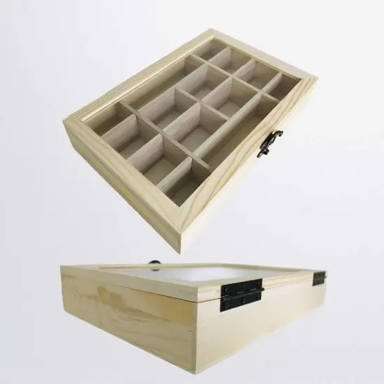 2 Pack Unfinished Wood Classic Box with Hinged Glass Lid for Arts, Crafts, Hobbies, Beads Jewelry and Much More | 14 Compartment Ready to Paint Decorate and Personalize {2}