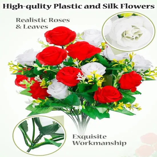 2 Sets Cemetery Vases with Artificial Flowers for Grave - Total 36 Vibrant Red & White Roses Bouquet, Memorial Day Flower Holders Kits with Fixing Foam for Headstones Decoration {3}