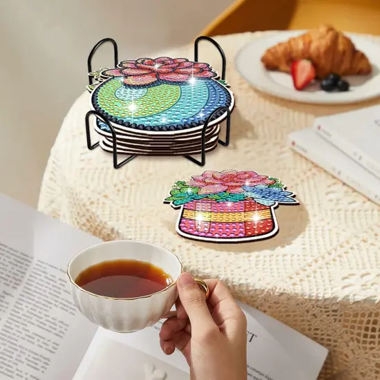 8 Pcs DIY Diamond Art Painting Green Plants Coasters with Holder, Succulent Coasters Diamond Art Kits for Adults Beginners. Diamond Craft Supplies Coasters DR04 {3}