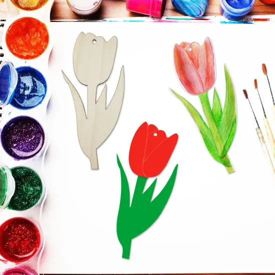 20 Pcs 6 Inch Unfinished Wood Tulip Flower Cutouts DIY Crafts Wooden Tulips Shaped Hanging Ornaments with Hole Hemp Ropes for Spring Party Decoration {2}