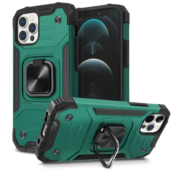 Insten Rugged Dual-Layer Case Compatible With iPhone 12 Pro Case & iPhone 12 Case 6.1 inch (2020) Full Body Heavy Duty Case with 360 Ring Kickstand, Anti-Scratch Anti-shock Drop Protection, Dark Green {1}