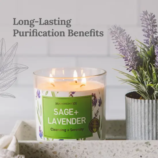 Magnificent 101 Long Lasting Sage & Lavender Scented Smudge Glass Candle - 14 oz - 56 Hour Burn Time - Made of Natural Soy Wax for House Energy Cleansing & Manifestation Green {2}