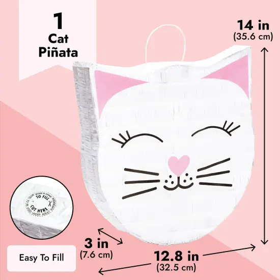 Cat Pinata for Kitty Birthday Party Supplies, Kitten Themed Decorations (14x12.8x3 in, Small), For Ages 3+ White {4}