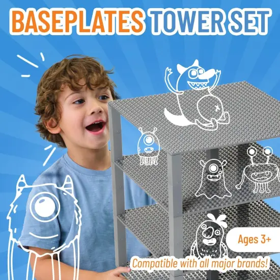 Strictly Briks Large Classic Stackable Baseplates, Building Bricks For Towers, Shelves, and More, 100% Compatible with All Major Brands, Gray, 4 Base Plates & 30 Stackers, 10x10 Inches, Ages 3-14 Grey {2}