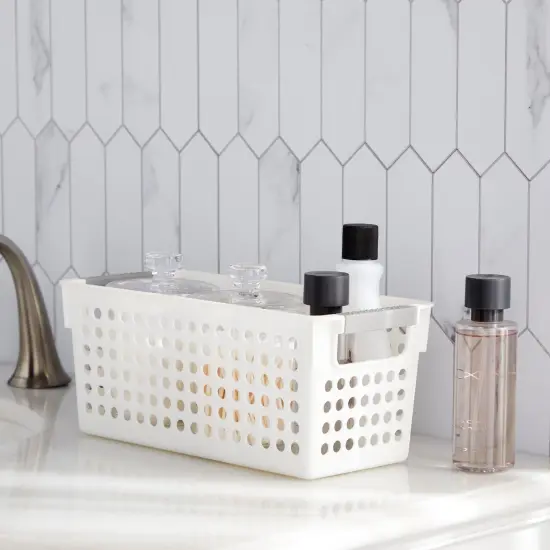 4 Pack White Plastic Baskets with Gray Handles, Narrow Storage Bins for Organizing, Kitchen Shelves, Small Nesting Containers (11.5 x 5.25 x 5 Inches) {2}