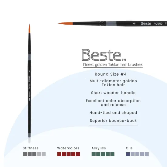 Creative Mark Beste Golden Taklon Round #4 Pack of 3 Artist Brushes, Professional Watercolor Brushes, For Acrylic Painting, Short Handle, Sharp Edges, Hand-Tied & Shaped {3}