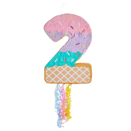 Pull String Number 2 Ice Cream Pinata for Two Sweet Birthday Decorations (16.5 x 11.5 x 3 In), For Ages 3+ Pink {6}