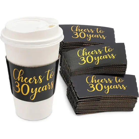 Cheers to 30 Years Coffee Cup Drink Sleeves for 30th Anniversary or Birthday, Fits 12-16 oz Cups (Gold Foil, 50 Pack) Black {1}