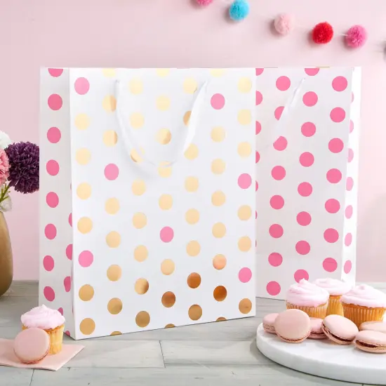 Extra Large Gift Bags for Birthday Party, Girl Baby Shower, Pink Polka Dots (6 Pack) {2}