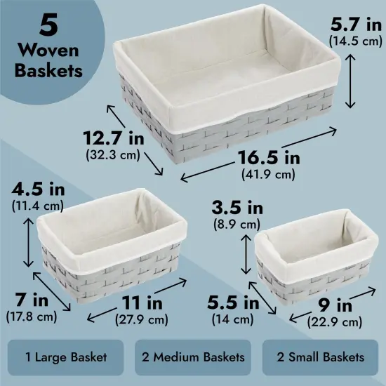 5 Pack Wicker Nesting Baskets with Cloth Lining for Pantry Shelves, Rectangular Storage Bins for Organizing Closet (Gray, 3 Sizes) Grey {4}