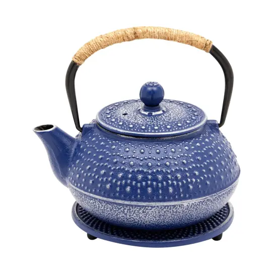 Cast Iron Teapot with Infuser - Japanese Tea Kettle, Loose Leaf Tetsubin with Handle and Trivet (Blue, 3 Pcs, holds 27 oz, 800 ml) {7}