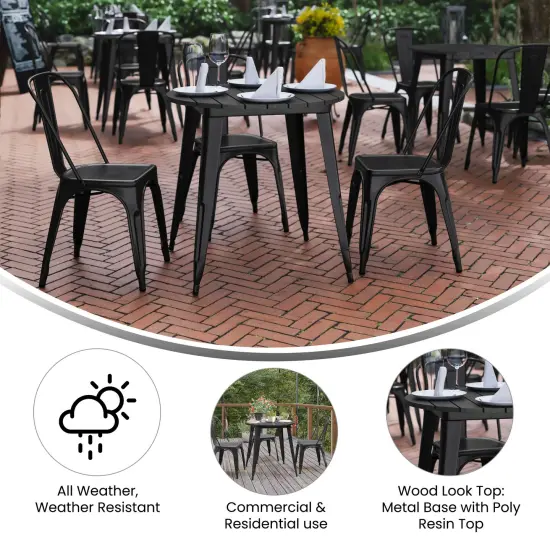 Merrick Lane Dryden Indoor/Outdoor Dining Table, 30" Round All Weather Poly Resin Top with Steel Base BlackTop/BlackFrame {4}