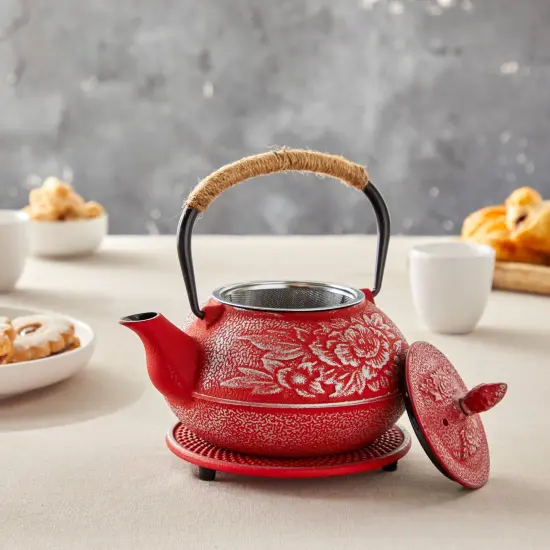 Cast Iron Teapot with Infuser - Japanese Tea Kettle, Loose Leaf Tetsubin with Handle and Trivet (Red, 3 Pcs, holds 27 oz, 800 ml) {2}