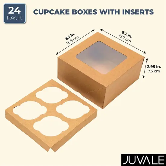 24 Pack Cupcake Containers with Windows, 6x6 Boxes with 4 Count Inserts for Muffins (Kraft Paper) Brown {4}