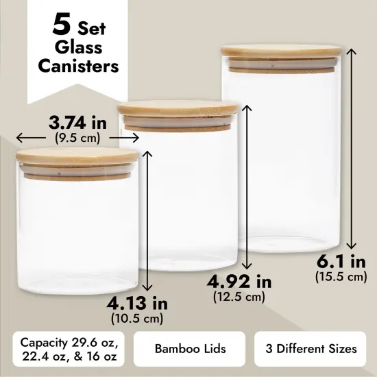 5-Pack Glass Canisters with Bamboo Lids, 3 Sizes for Pantry Storage Clear {3}