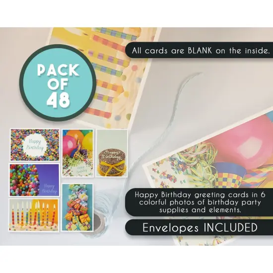 48 Pack Happy Birthday Cards Bulk, 6 Assorted Photo Design for Men Women, Blank Inside, 4x6 Multicolor {4}