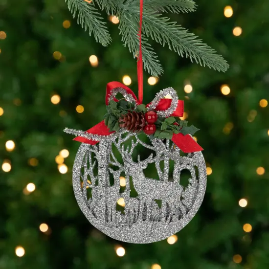 Northlight 2-D Glitter Reindeer Family Silhouette Christmas Ornament Disc - 4.5" - Silver {1}