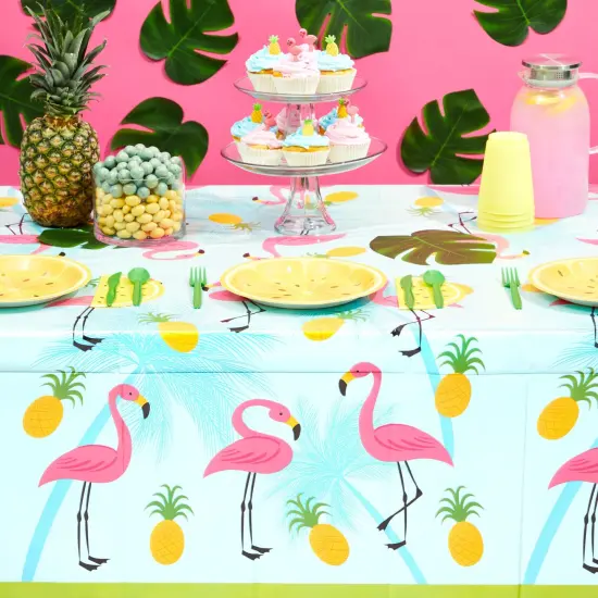 3-Pack Flamingo Pattern Tablecloth for Pineapple Themed Birthday Decorations, Plastic Table Cover for Tropical Hawaiian and Flamingo Themed Party Supplies, Summer Pool Party (54x108 Inches) Blue {2}