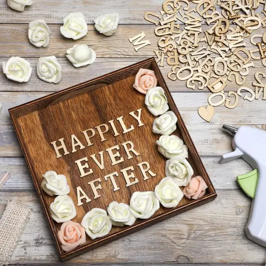 Small Wooden Alphabet Letters, Includes Display Box with 9 Letter Sets (A-Z), 3 Number Sets (0-9) , and 2 Sets of Symbols Brown {3}