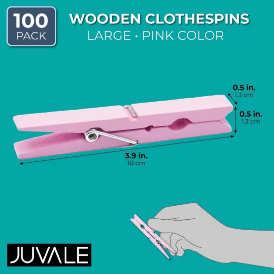 100 Pack Wooden Clothespins for Hanging Laundry, Crafts, Photos (Pink, 3.9 In) {2}