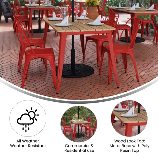 Merrick Lane Dryden Indoor/Outdoor Dining Table with Umbrella Hole, 30" x 60" All Weather Poly Resin Top and Steel Base Brown Top/Red Frame {4}