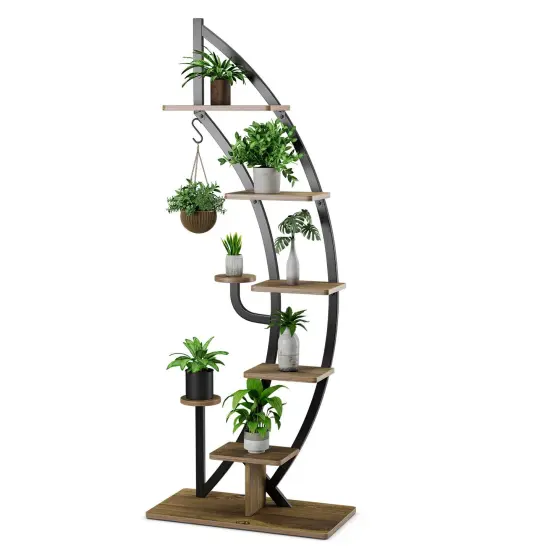 Costway 6 Tier Metal Plant Stand Rack Half Moon Shape Ladder Planter Organizer w/Hook {1}
