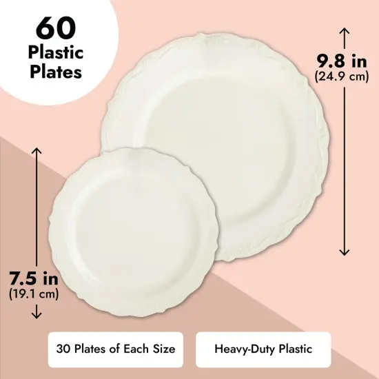 Set of 60 Cream Plastic Plates, Elegant Vintage Design for Party Supplies, Weddings, Disposable (30 Dinner Plates, 30 Dessert Plates, 2 Sizes) White {6}