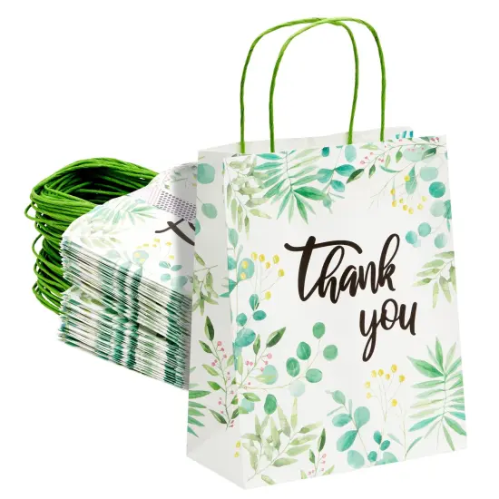 50 Pack Green Leaf Paper Gift Bags with Handles, White Thank You Bag for Small Business Boutique, Baby Shower Party Favors, 10x8x4 in {1}