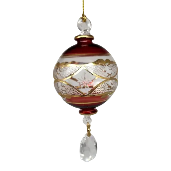 Etched Blown Glass Ball with Crystal Dangle - Red {4}